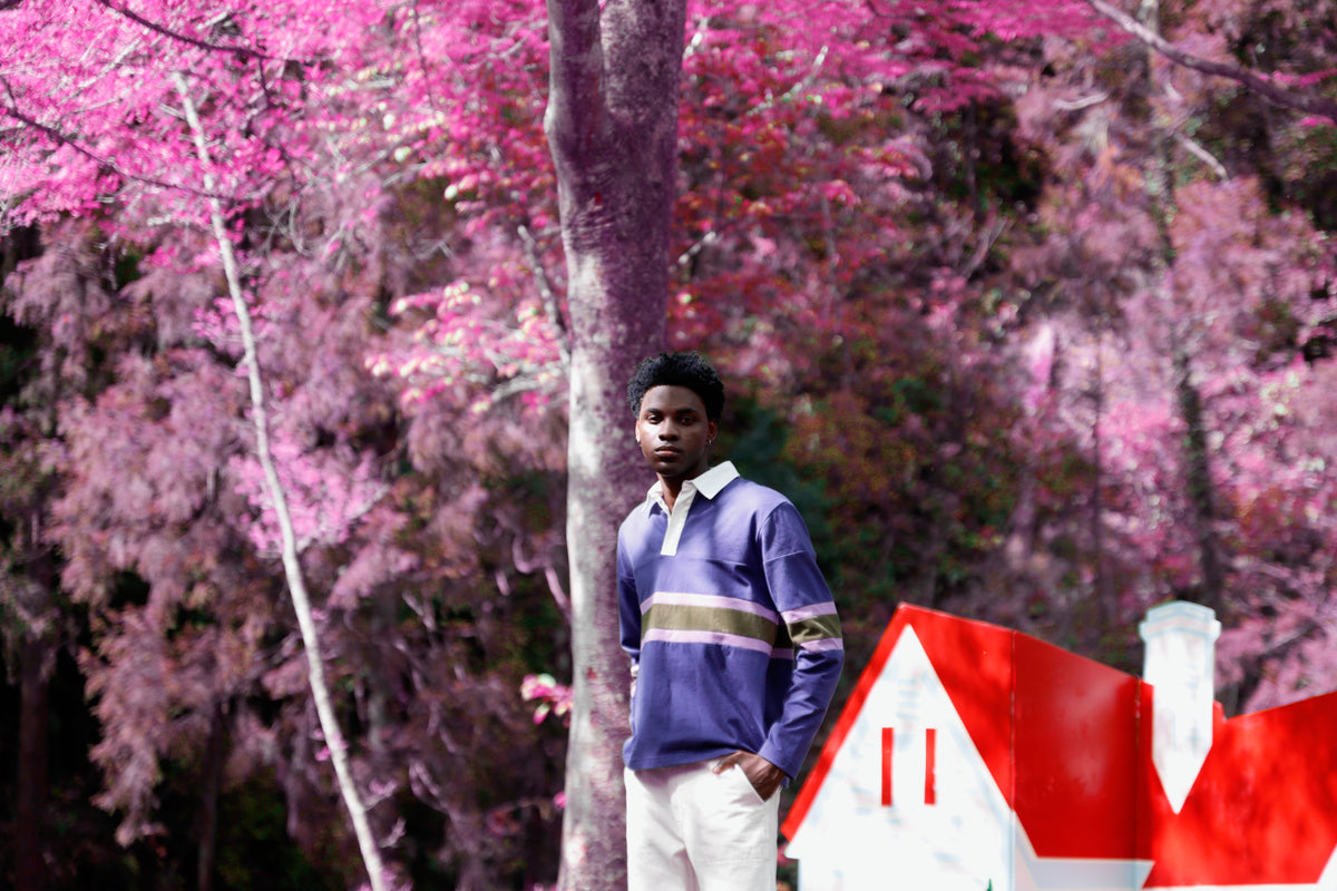 Little Yarmouth EP. 2. A figure in a purple rugby shirt beside a small house with a red roof and pink trees.