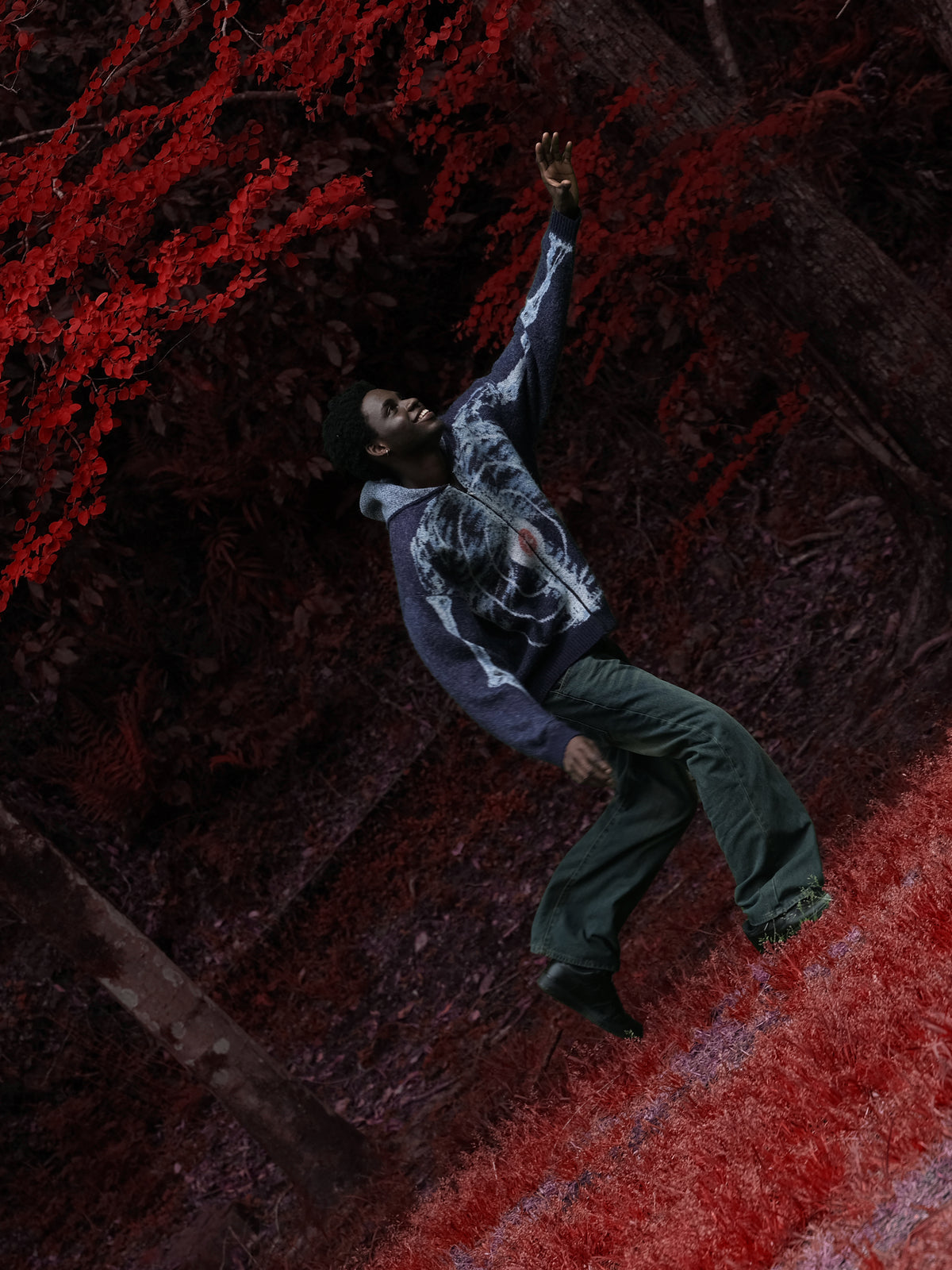 Little Yarmouth EP. 2. A figure in a blue patterned knit reaches into deep red foliage.