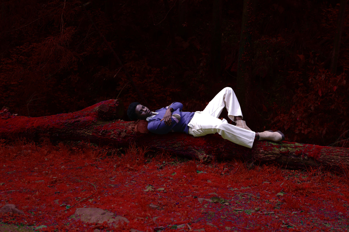 Little Yarmouth EP. 2. A figure in a purple rugby shirt and white trousers rests beneath dark red trees.